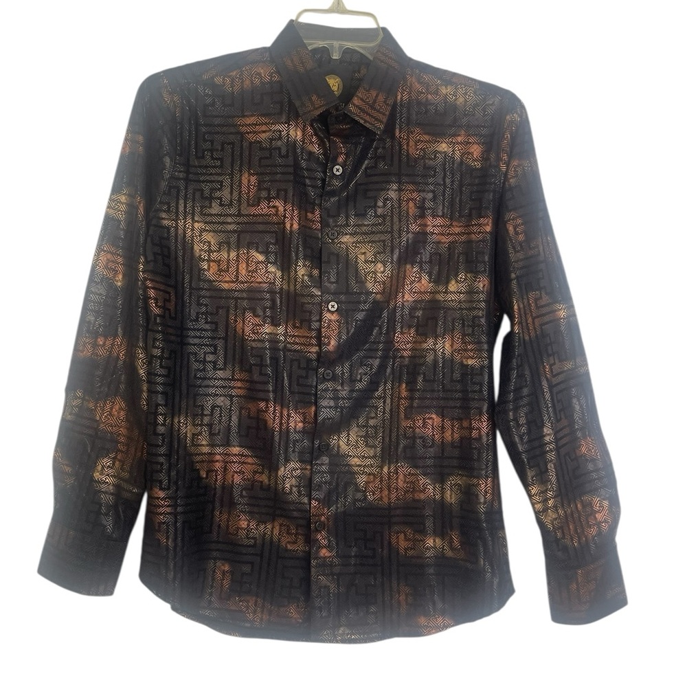 Platini black/bronze foiled Metallic button down shirt. Size medium GUC - Picture 3 of 10
